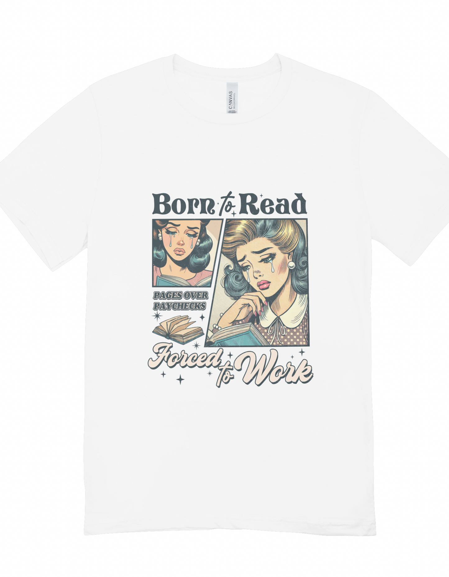 ‘Born to Read Forced to Work’ T Shirt - White/Beige